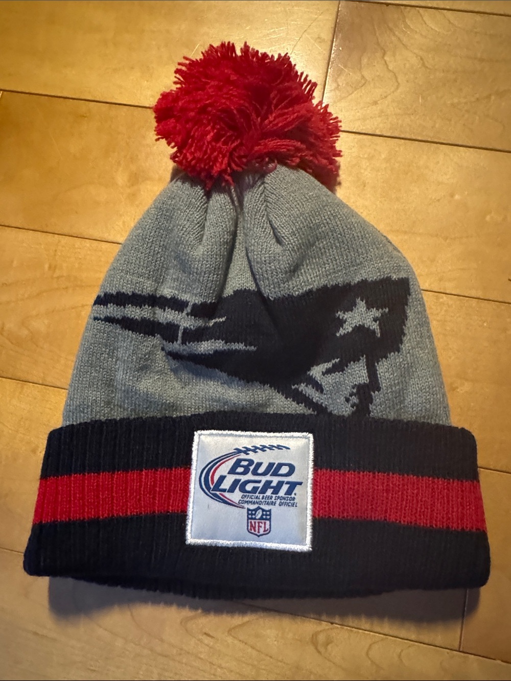 Bud Light NFL New England Patriots Knit Pom Beanie - Light Gray, Navy & Red - Picture 2 of 2